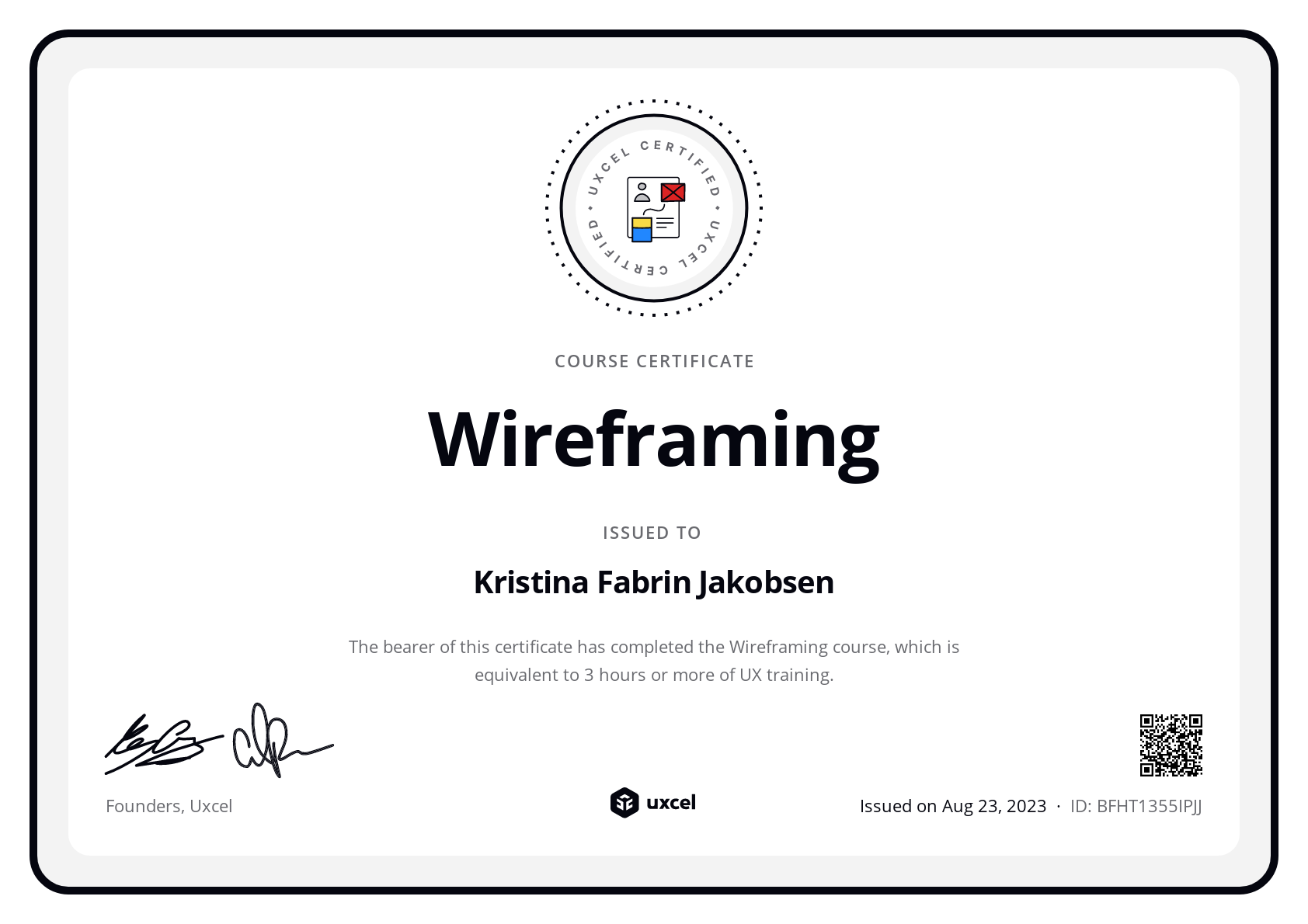 Kristina Fabrin Jakobsen's certificate